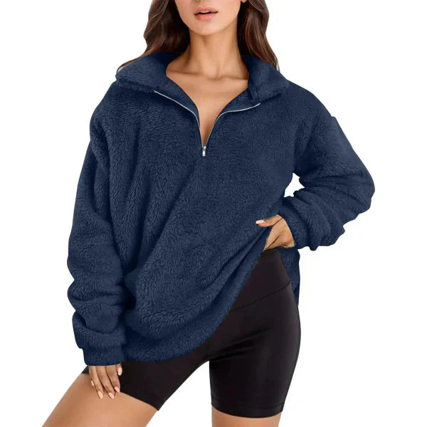 Women's oversized fleece pullover half-zip stand collar soft cozy casual fall warmth