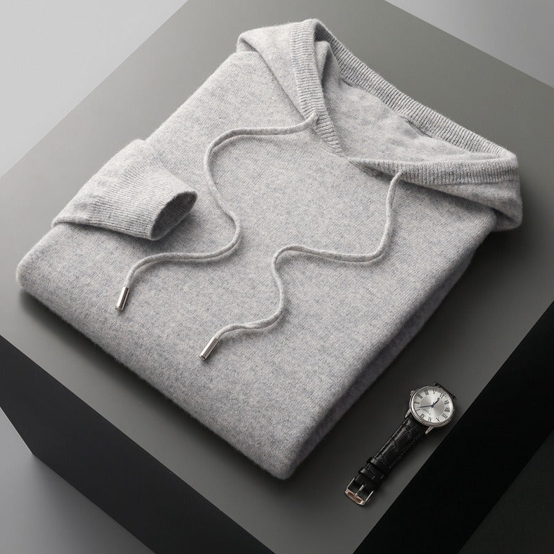 Men's wool knit hoodie relaxed fit with drawstring hood and ribbed trim cozy soft-touch finish