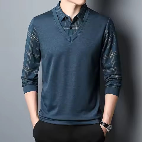 Men's slim fit knit V-neck pullover sweatshirt with faux layered plaid sleeves in casual style