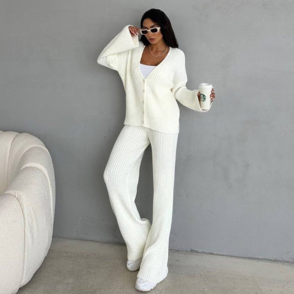 Women's oversized ribbed knit cardigan set, button-front wide sleeves lounge two-piece sweater