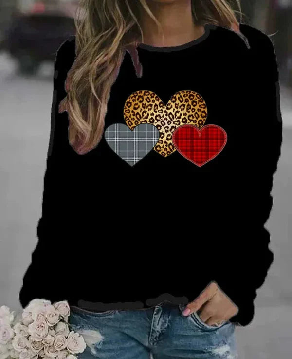 Women's gray loose fit cotton blend crew neck sweatshirt with playful graphic heart print