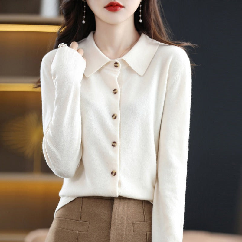 Camel wool blend women's cardigan sweater with polo collar, button-down relaxed fit