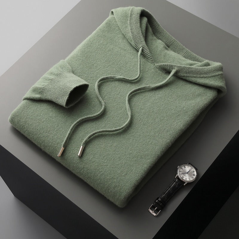 Men's wool knit hoodie relaxed fit with drawstring hood and ribbed trim cozy soft-touch finish