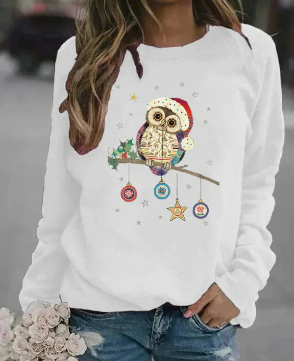Women's relaxed fit crew neck sweatshirt cotton blend with festive owl print cozy everyday style