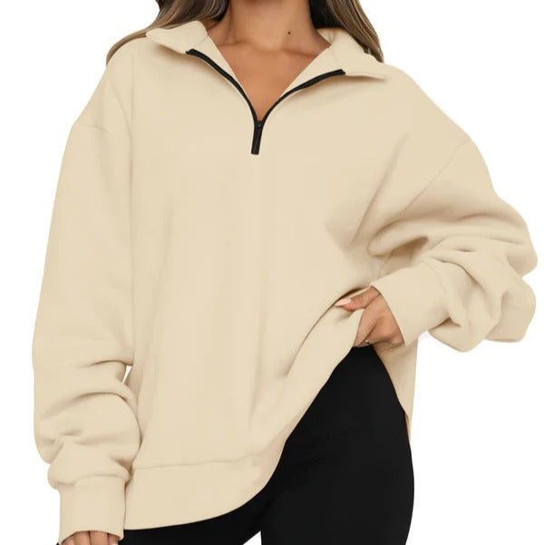 Women's oversized beige sweatshirt high collar short zip casual cotton-feel pullover relaxed fit