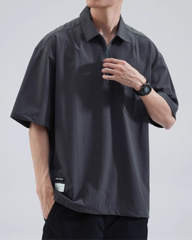 Oversized boxy polo shirt in ice silk fabric with front zipper detail, lightweight cooling summer style