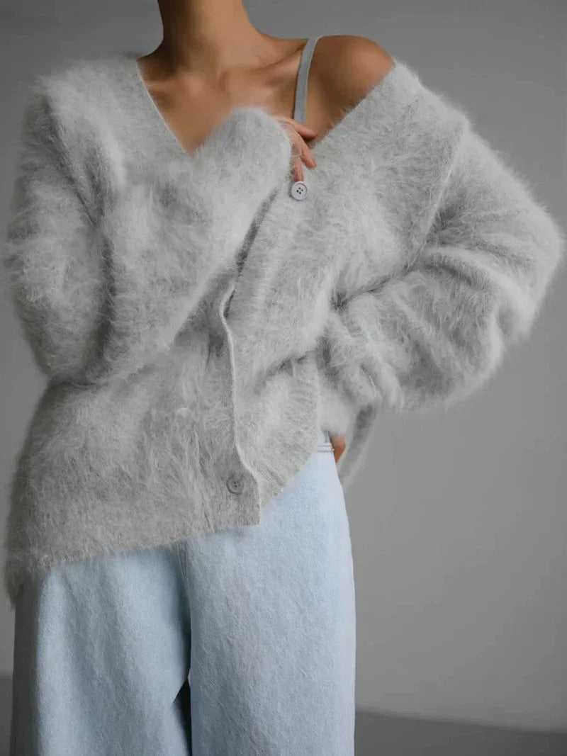 Women's oversized fuzzy knit cardigan, V-neck button-front style in neutral tones