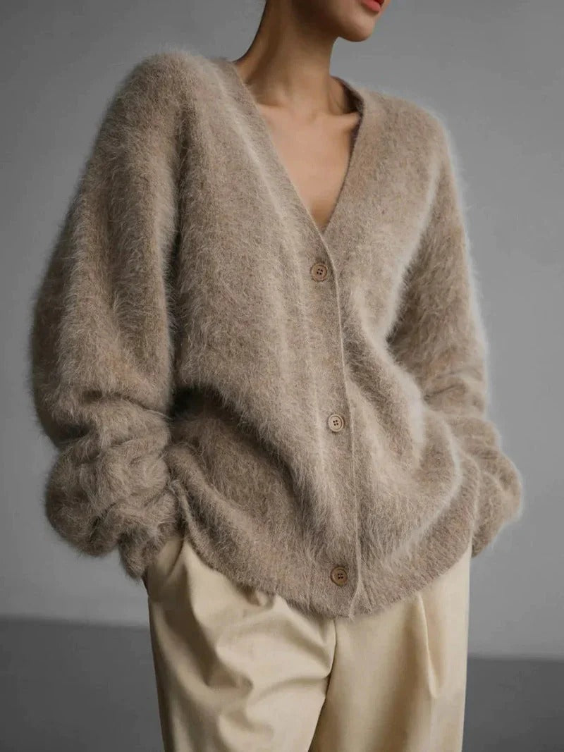 Women's oversized fuzzy knit cardigan, V-neck button-front style in neutral tones