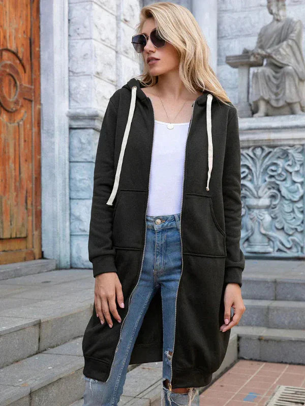 Women's oversized zip-front hooded cotton sweatshirt in long-length casual fit for fall layering