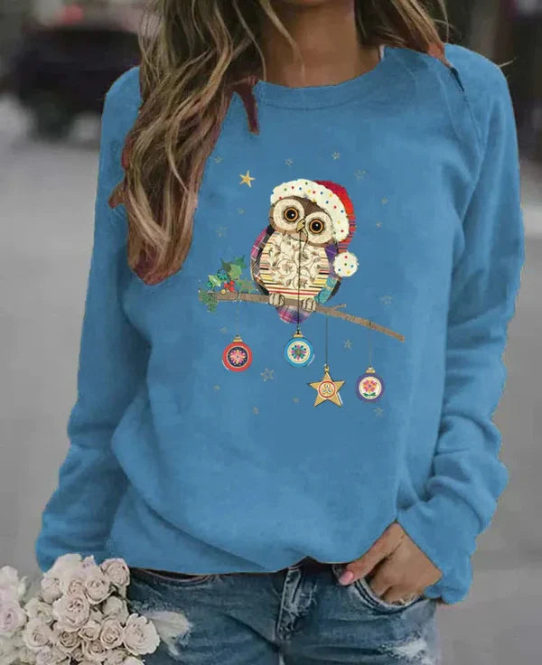 Women's relaxed fit crew neck sweatshirt cotton blend with festive owl print cozy autumn style