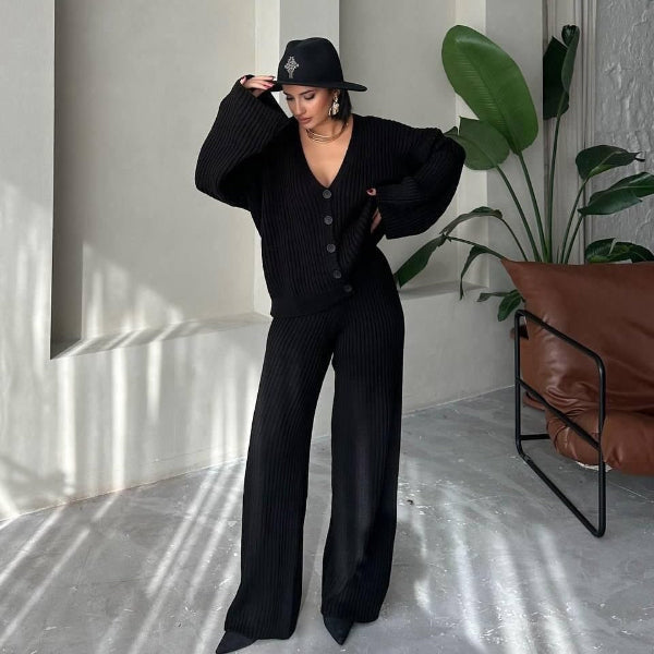 Women's oversized ribbed knit cardigan set in neutral tones, button-front wide sleeves lounge two-piece