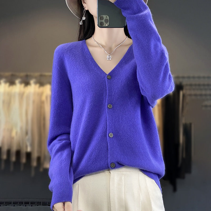 Women's wool-knit V-neck cardigan relaxed fit button-front cozy layering work weekend