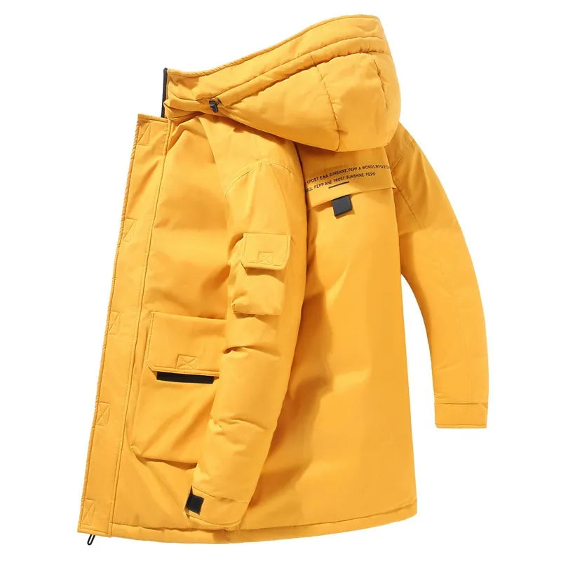 Wavlynn men's mid-length hooded jacket padded silhouette black winter coat with patch pockets