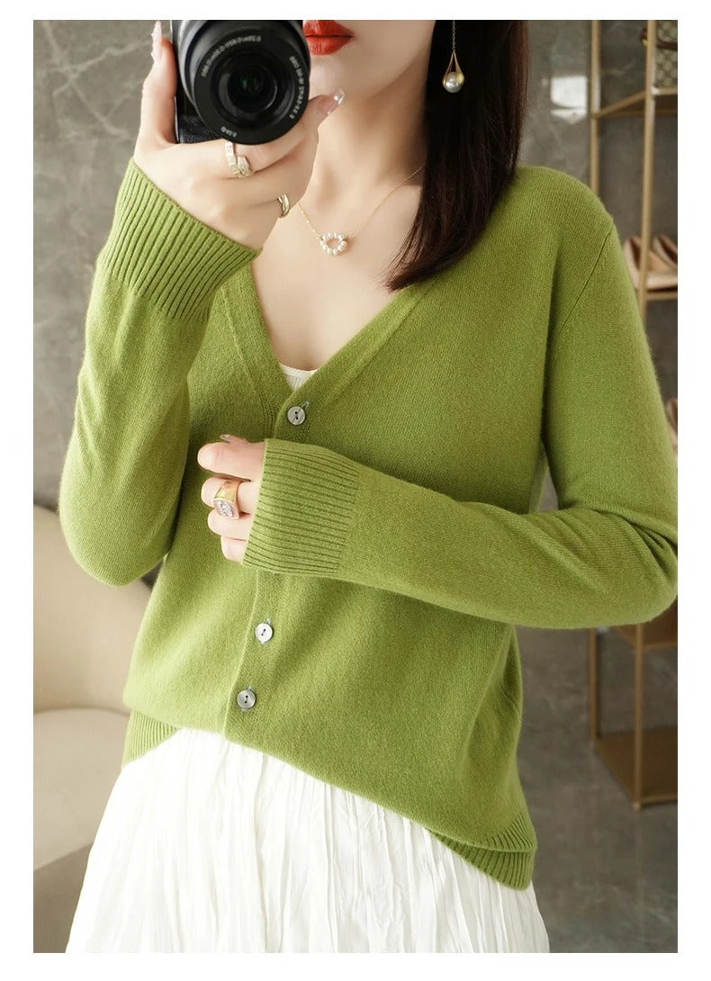 Women's wool blend cardigan relaxed fit V-neck button front with ribbed trim cozy layering piece
