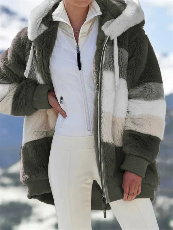 Women's oversized hooded jacket with plush faux fur lining, cozy city-style coat for cooler months
