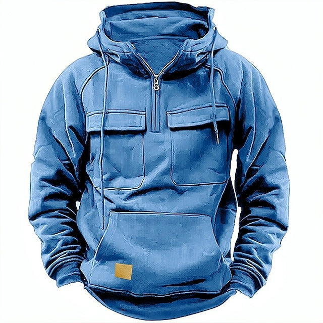 Men's relaxed fit half-zip hoodie with chest flap pockets in soft cotton fleece casual style