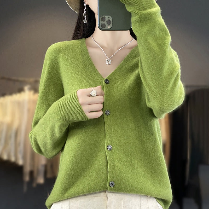 Women's wool-knit V-neck cardigan relaxed fit button front cozy layering work weekend style
