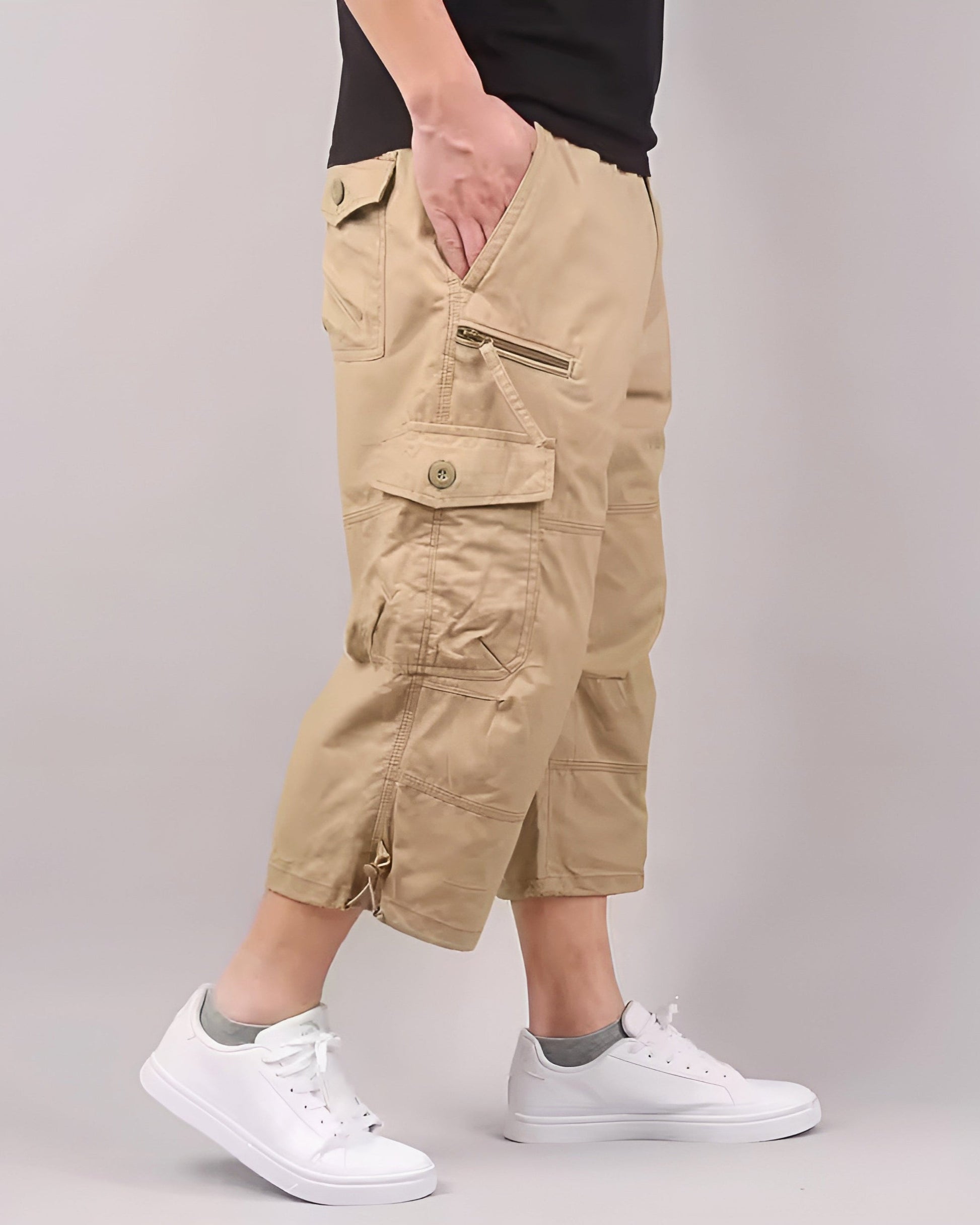 Terrain cargo shorts in washed cotton with relaxed fit, dual flap pockets, and below-knee length