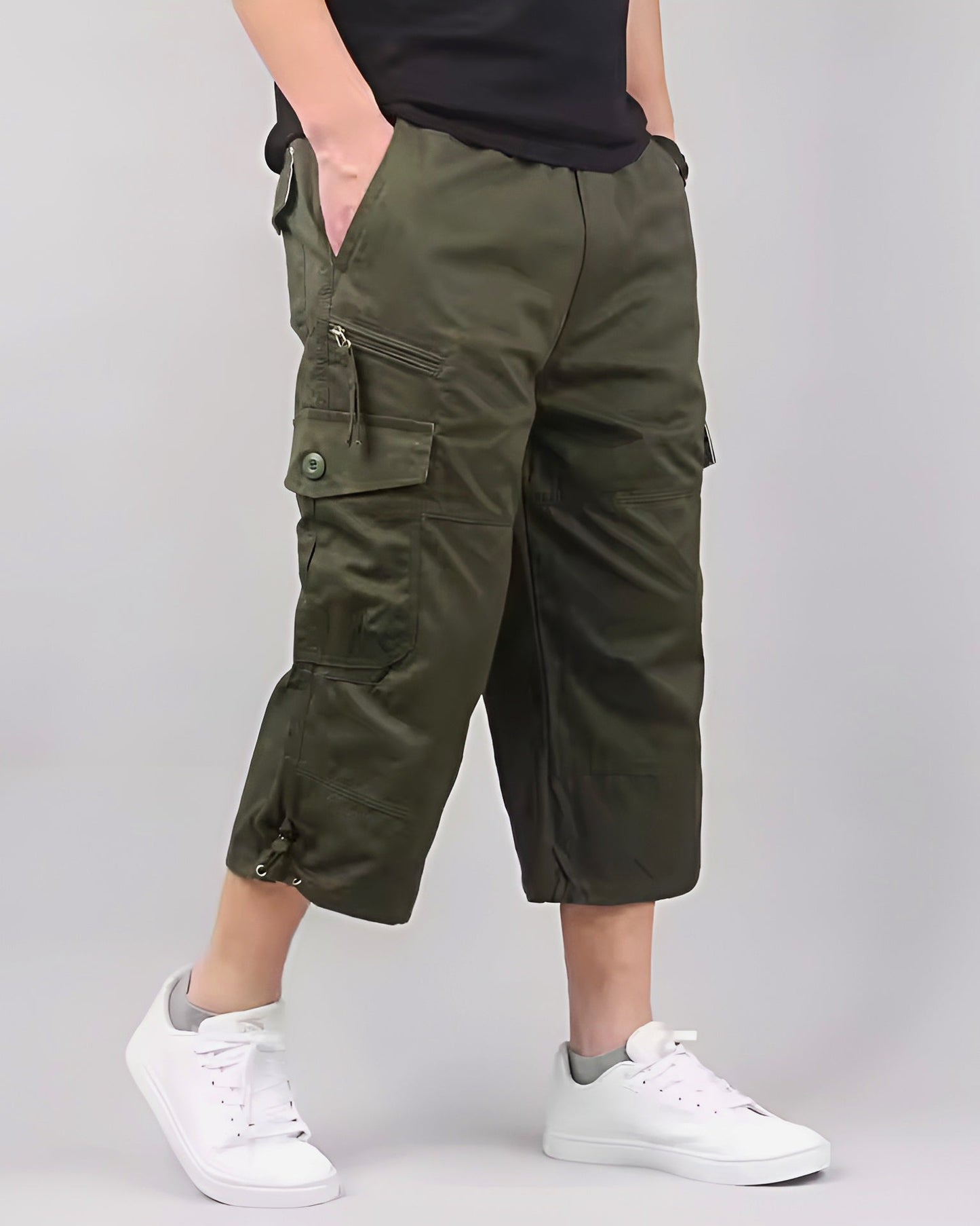 Terrain cargo shorts in washed cotton with relaxed fit, below-knee length, and dual flap pockets