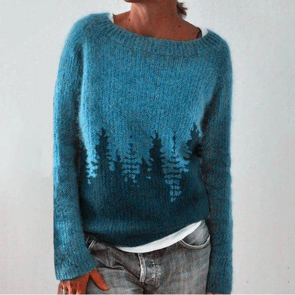 Women's soft wool Nordic sweater with Fair Isle print in cozy vintage Aztec-inspired mountain motif