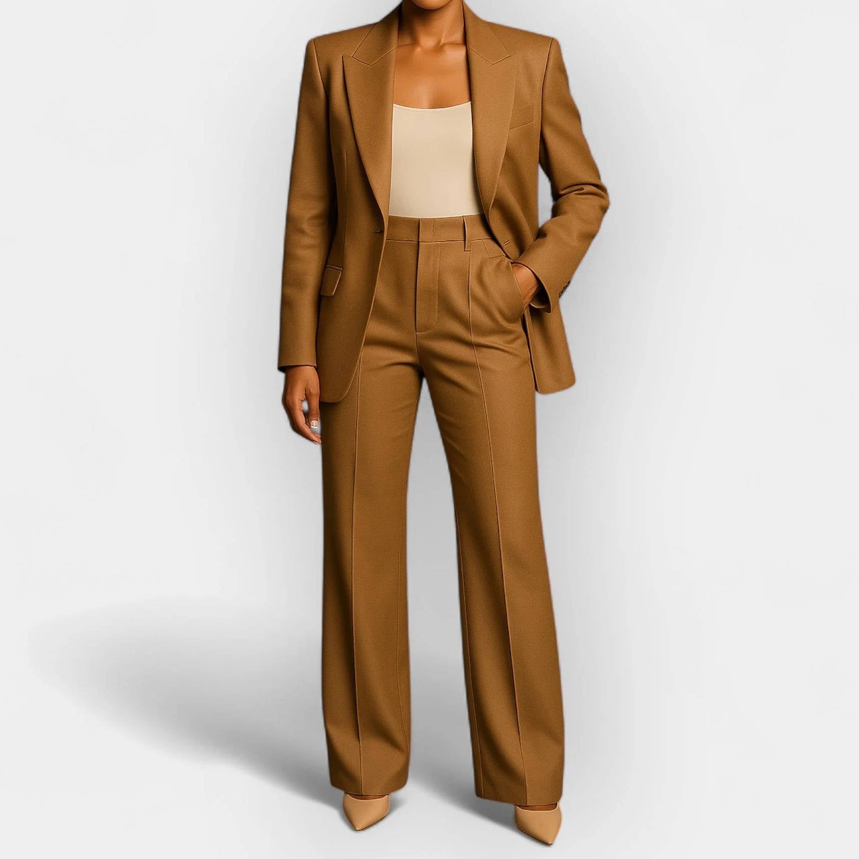 Women's 2-piece tailored pant suit set with single-button blazer and notch lapel professional workwear