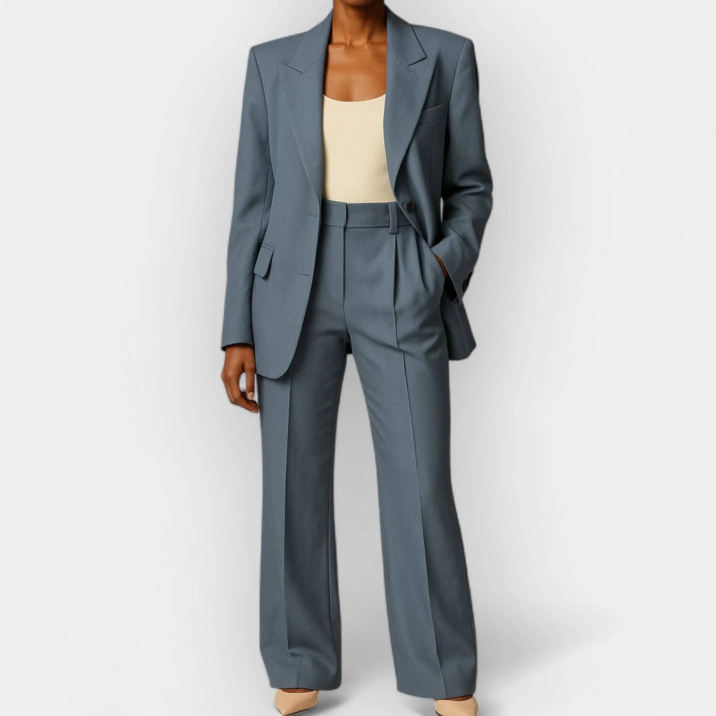 Women's 2-piece tailored pant suit set with single-button blazer and notch lapel, polished professional style