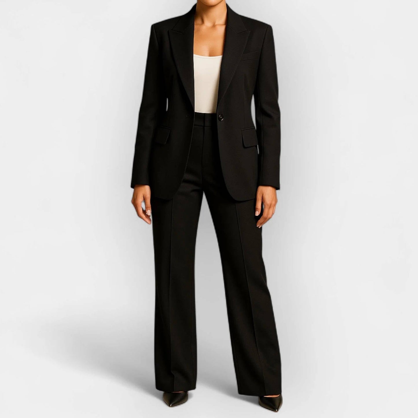 Women's 2-piece tailored pant suit set with single-button blazer and notch lapel professional workwear