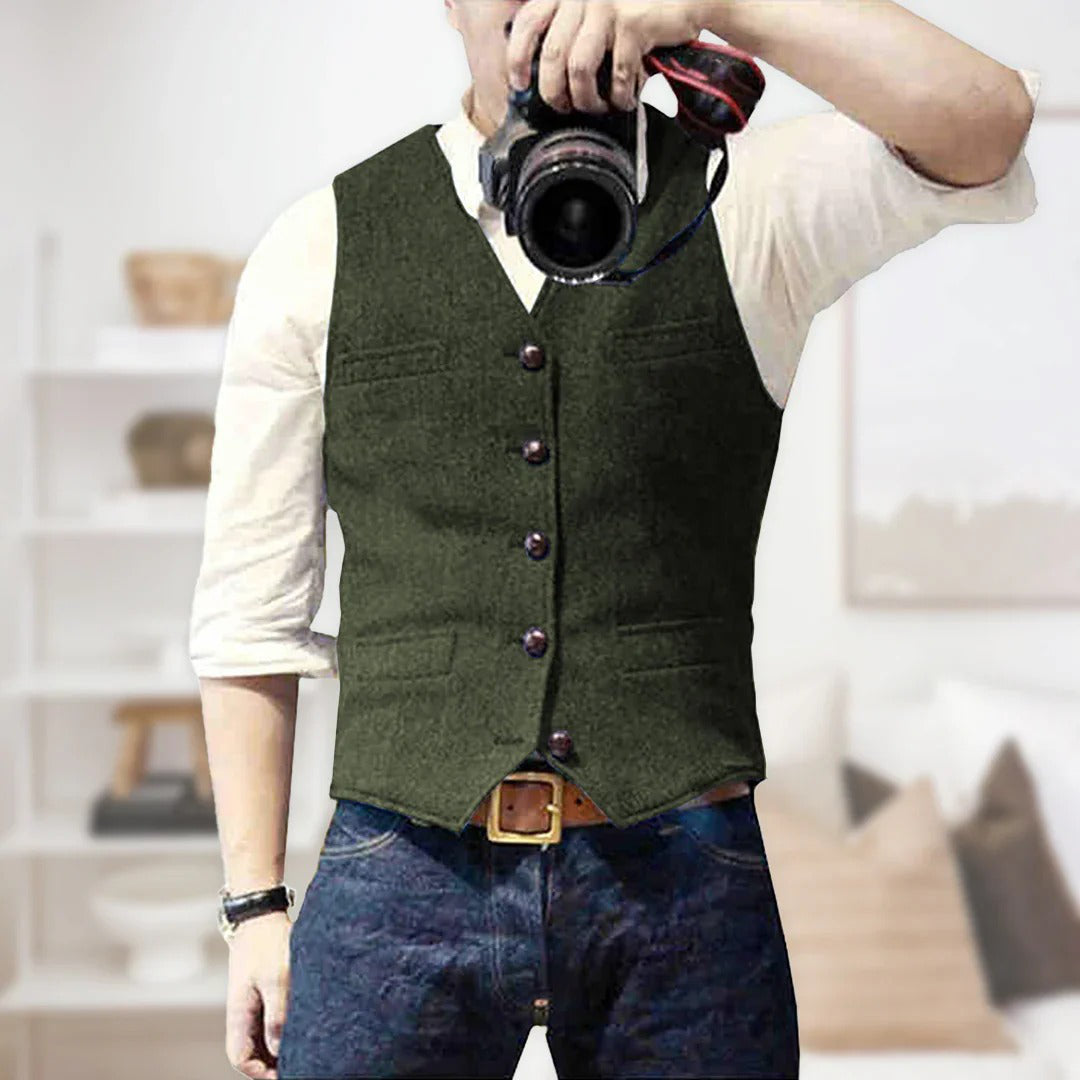 Men's wool herringbone waistcoat vest smart casual slim fit layering piece brunch to evening