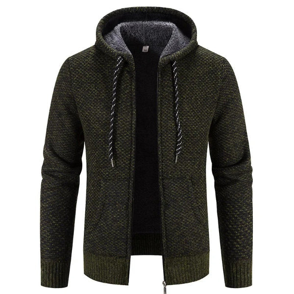 Men's hooded cardigan knit texture plush lining relaxed fit zip closure cozy fall winter layer