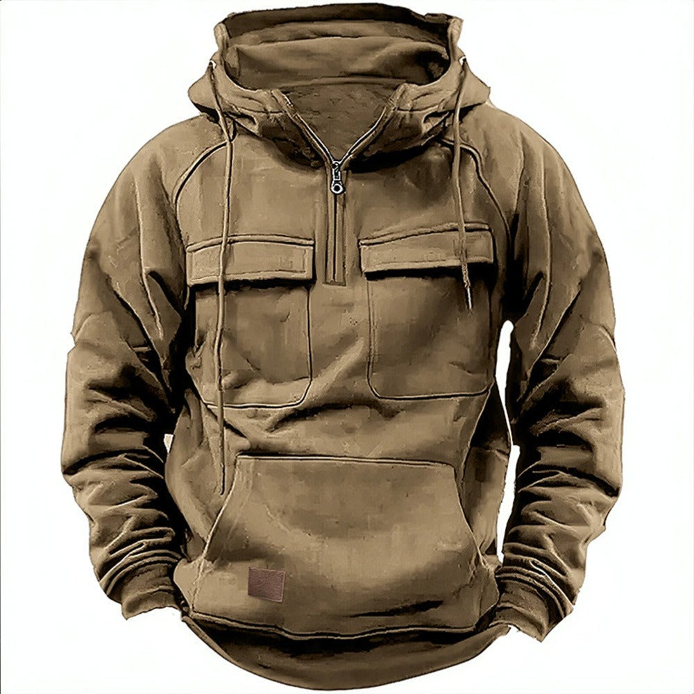 Men's relaxed fit half-zip hoodie with chest flap pockets in soft cotton fleece casual style