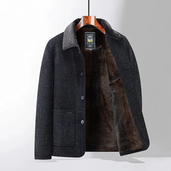 Men's gray wool blend coat classic fit with plush lined interior for formal and casual wear