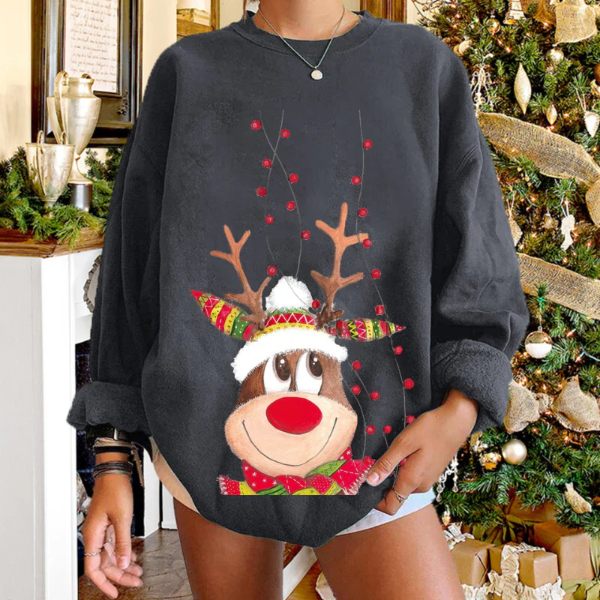 Women's relaxed fit pullover sweater soft knit reindeer graphic cozy festive winter holiday style