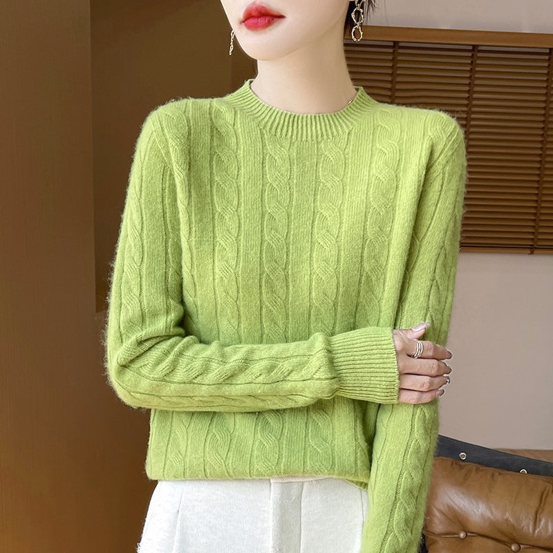 Women's wool cable-knit pullover sweater, relaxed fit long sleeve with textured pattern