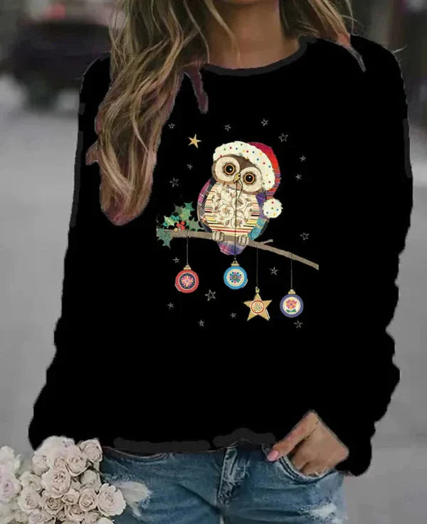 Women's relaxed fit crew neck sweatshirt cotton blend with festive owl print cozy autumn style