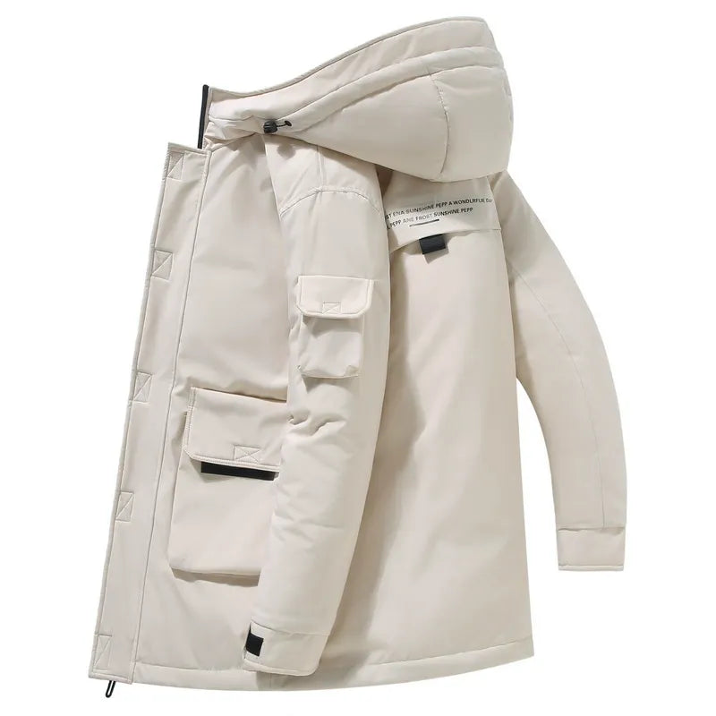 Wavlynn men's mid-length hooded jacket padded silhouette patch pockets adjustable cuffs winter casual