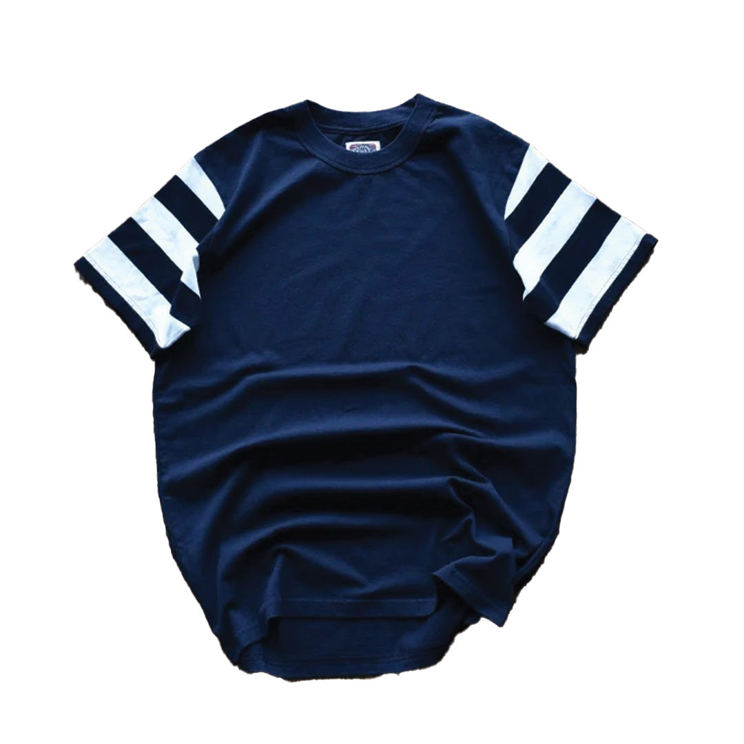 Relaxed-fit white cotton tee with bold contrast double-striped sleeves, collegiate streetwear style