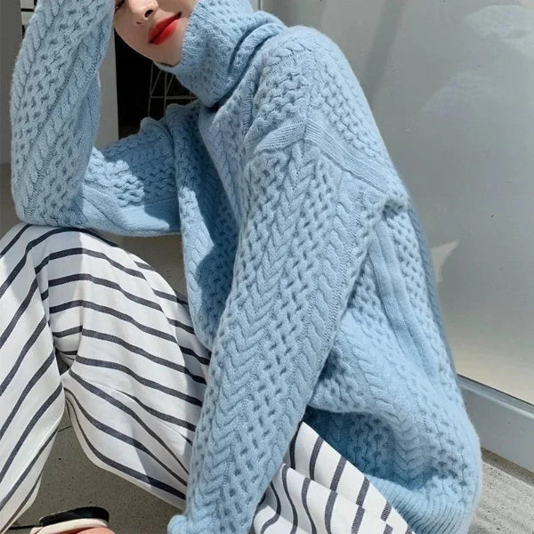 Women's cream wool turtleneck cable knit pullover sweater relaxed fit soft texture