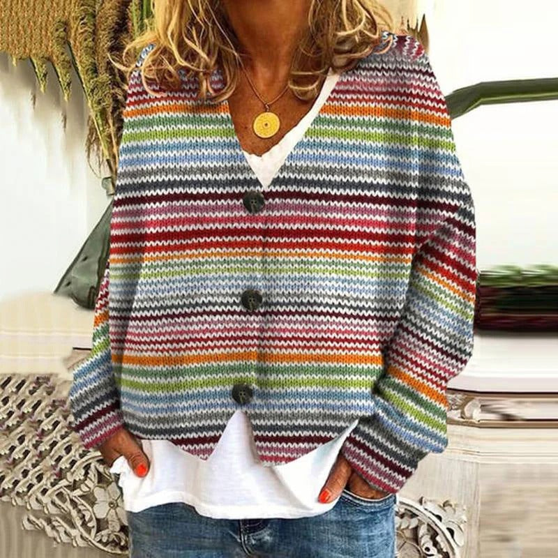 Women's relaxed-fit hip-length knitted cardigan with wave pattern and button-front closure