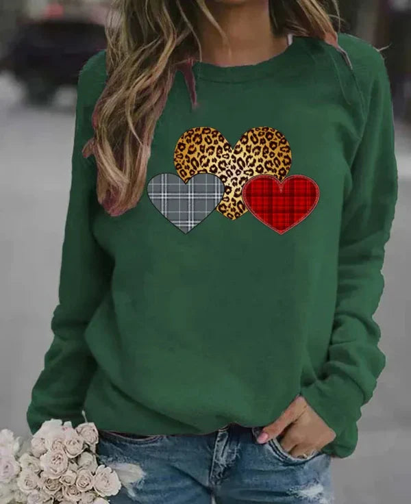 Women's gray loose fit cotton blend crew neck sweatshirt with playful graphic heart print