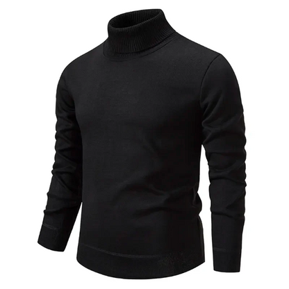Men black slim fit roll neck cotton pullover with ribbed trim, minimalist everyday casual sweater