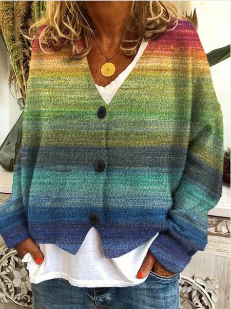 Women's relaxed-fit knitted cardigan with wave pattern, button front, hip-length cozy style