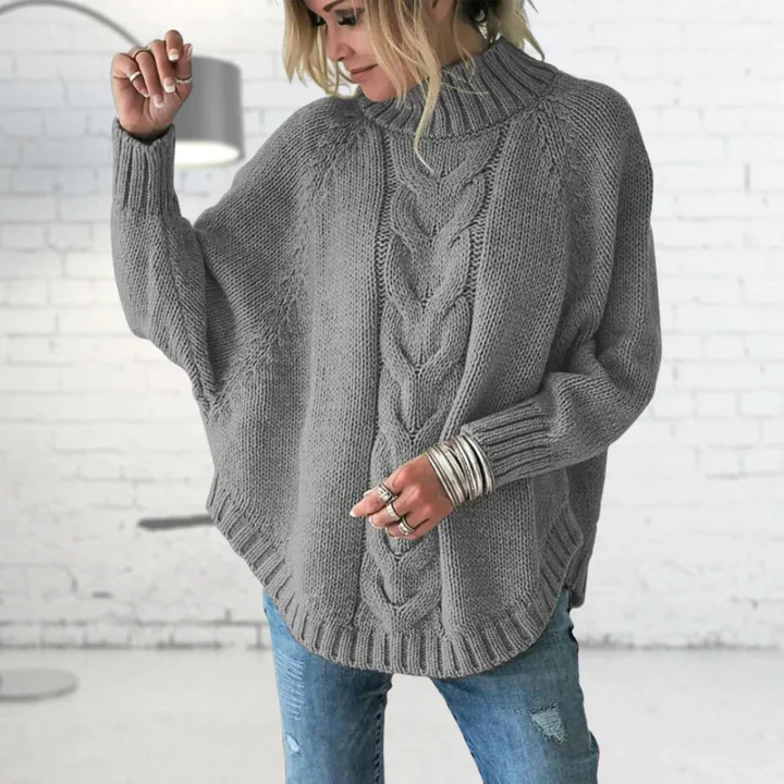 Women's oversized wool blend cable knit turtleneck pullover sweater, cozy chunky ribbed design