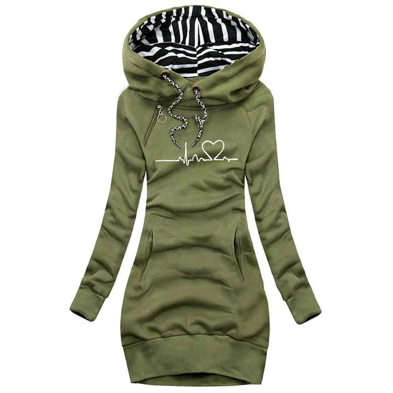 Women's slim fit hoodie dress in graphic print cotton blend with long sleeves and side pockets