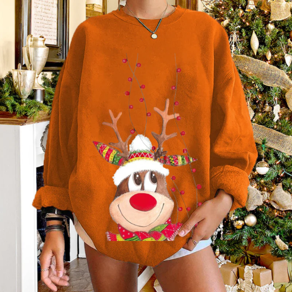 Women's relaxed-fit holiday knit pullover sweater with festive reindeer design, soft cozy fabric