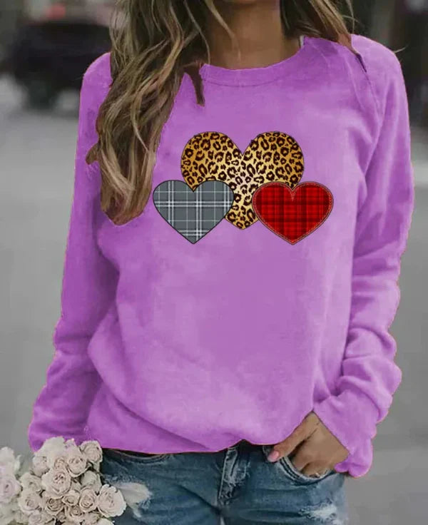 Women's gray loose fit crew neck cotton blend sweatshirt with playful graphic heart print