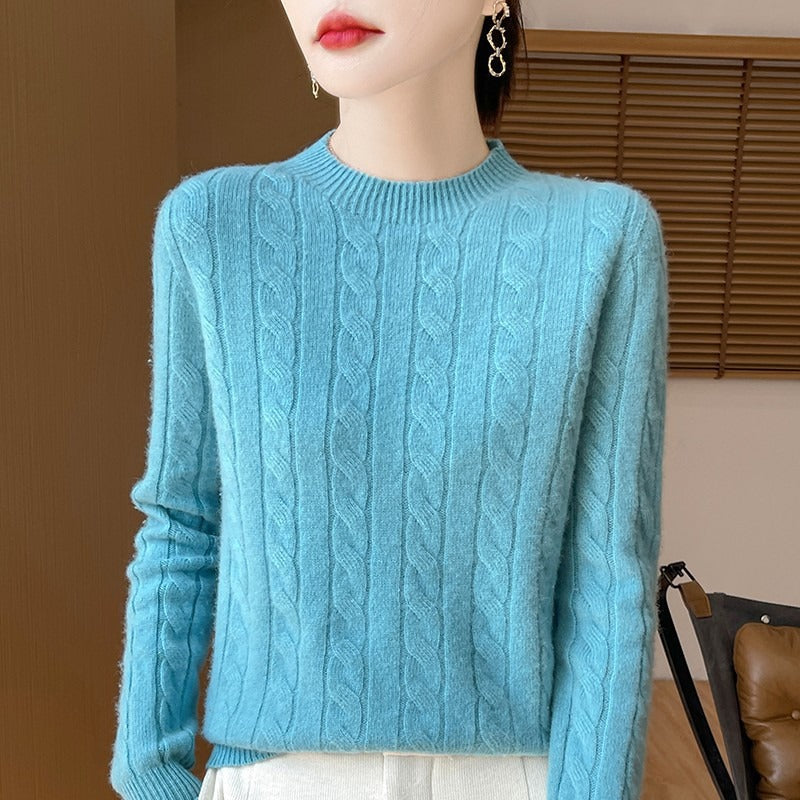 Women's cream cable knit wool pullover sweater, relaxed fit long sleeve with textured pattern