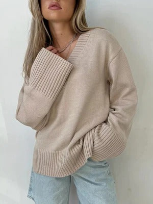Women's soft knit pullover sweater relaxed fit V-neck long sleeve with ribbed trim