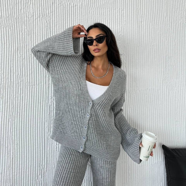 Women's ribbed knit cardigan set oversized fit wide sleeves button-front two-piece lounge sweater