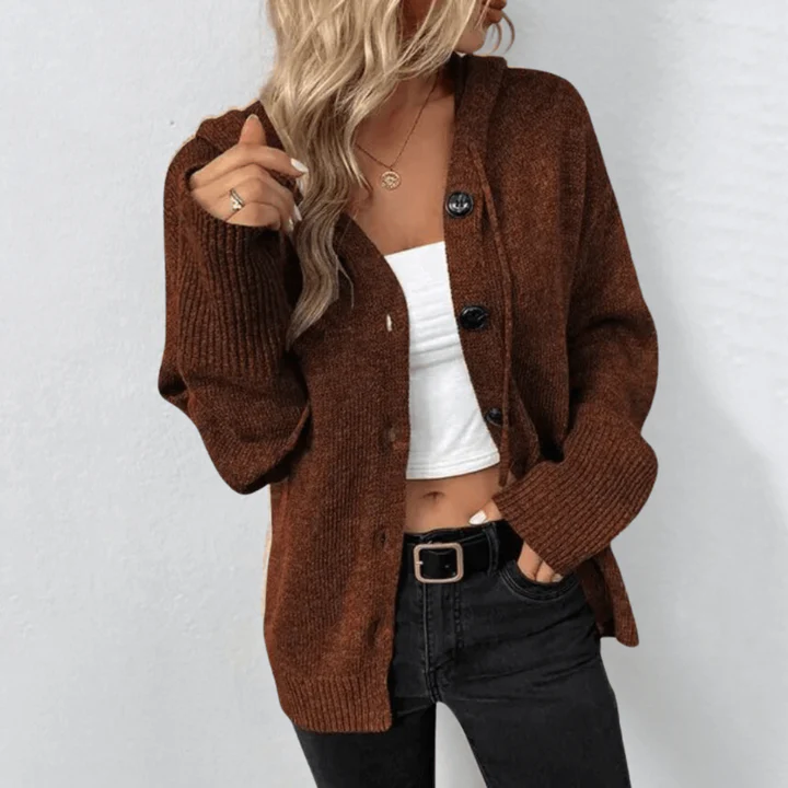 Women's wool knit cardigan relaxed fit button-front with ribbed cuffs and hem, cozy layering style