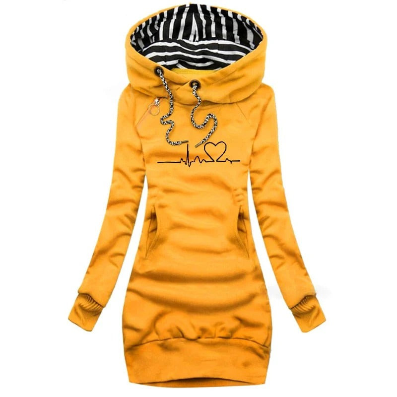 Women's slim fit hoodie dress in graphic print, long sleeve cotton blend with side pockets